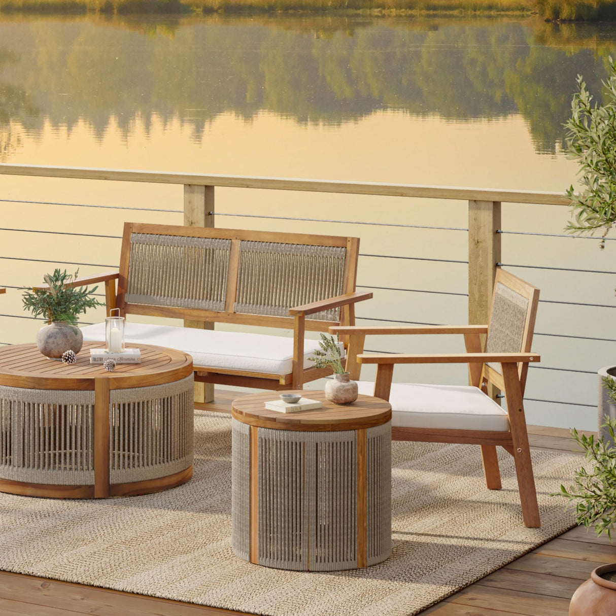 LuxenHome Outdoor Side Table, 17'' Tall Rope Acacia Wood Outdoor End Tables for Patio, Garden Accent Table, Modern Round Side Table for Outside, Wooden Drum Table Indoor and Outdoor - Bircata