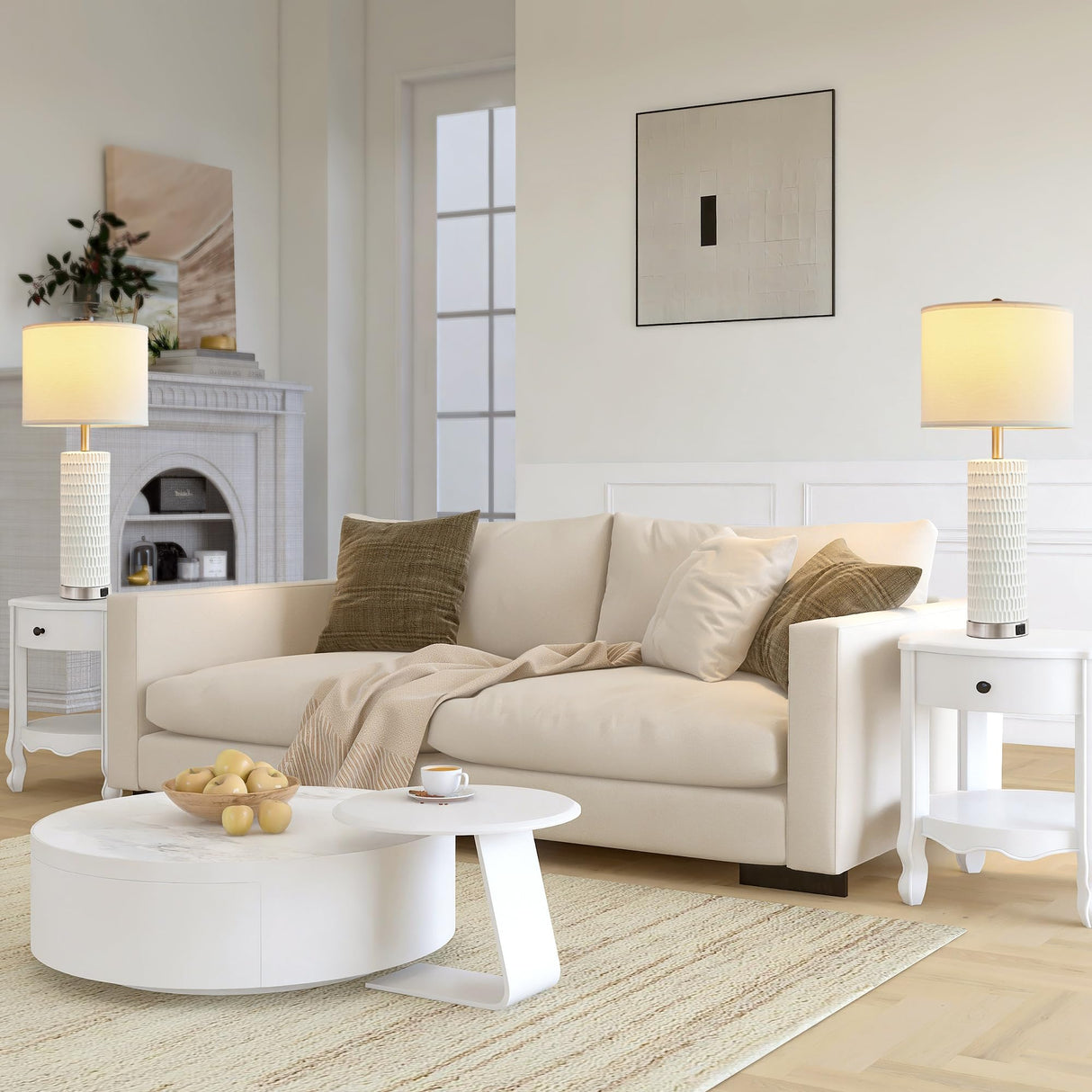 White Ceramic Table Lamps Set of 2 with USB Charging Ports