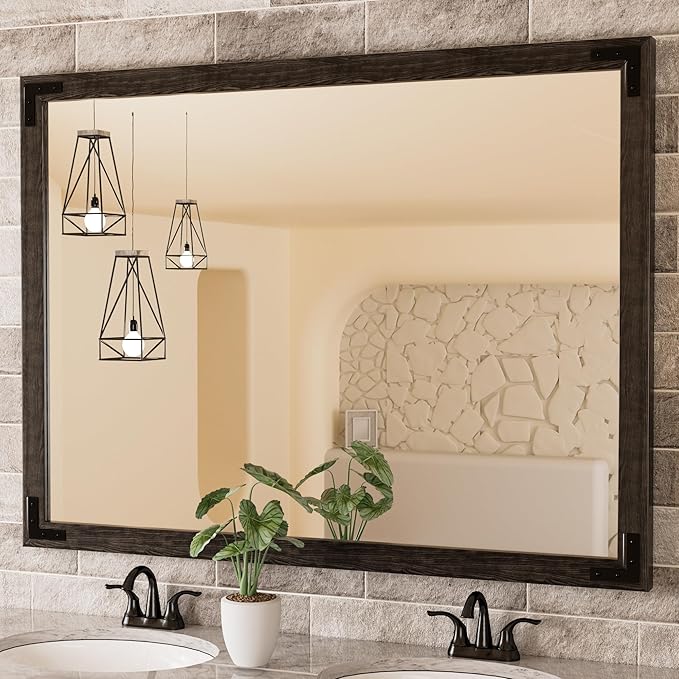 Brown Wood Framed Wall Mirror for Bathroom