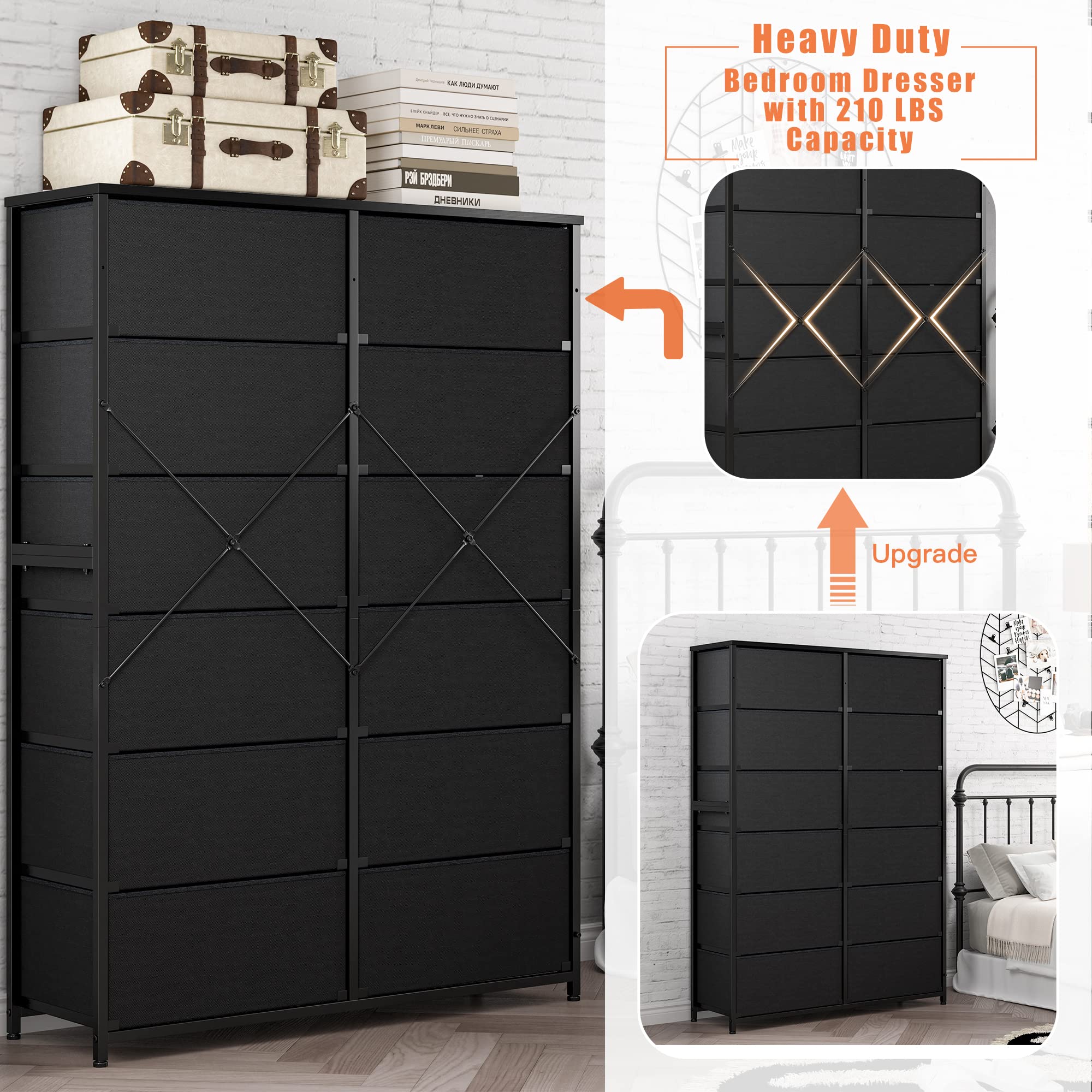 Dresser for Bedroom Tall Dresser with 12 Drawers Wooden Top and Metal Frame Black