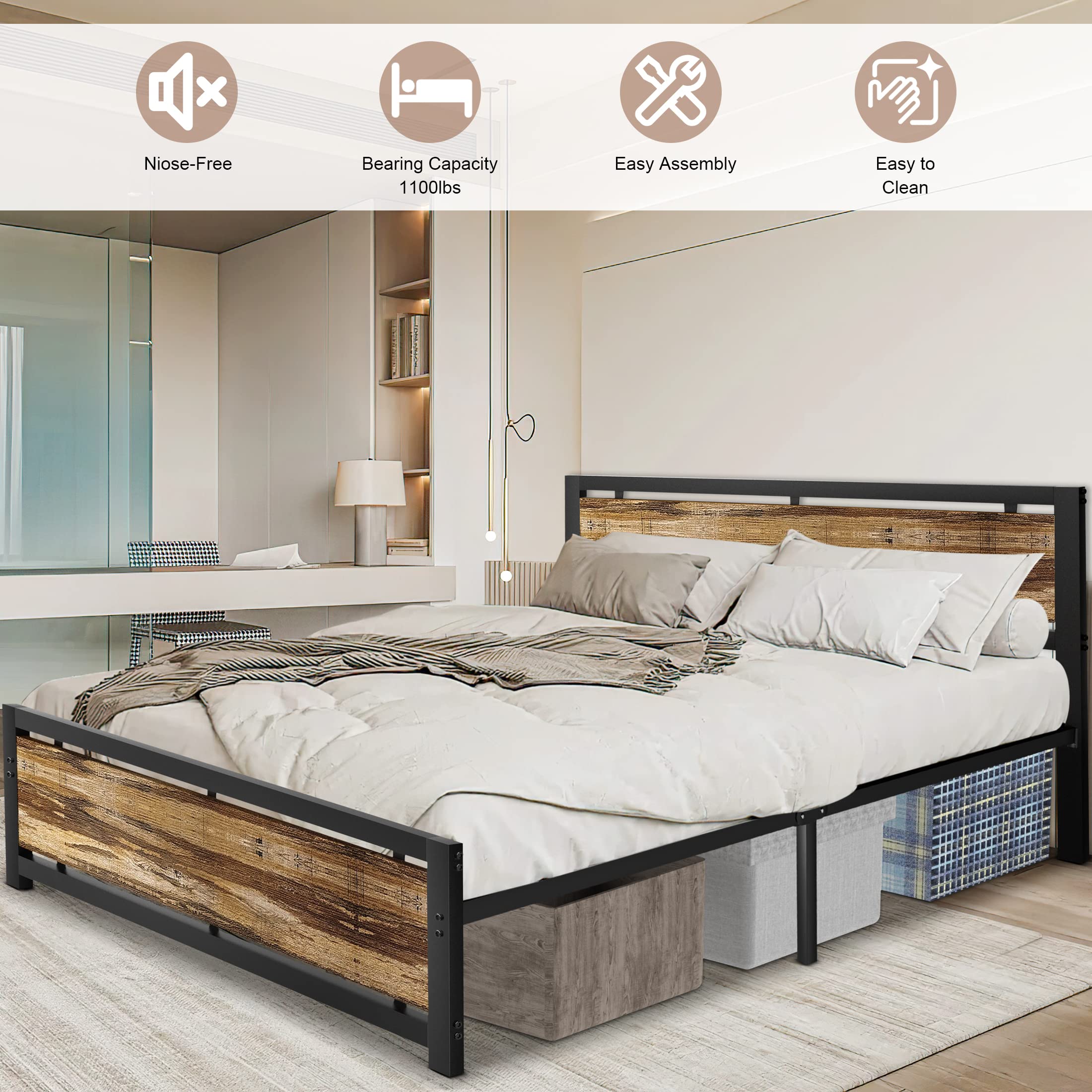 Full Bed Frame with Headboard and Footboard, Heavy Duty Metal Platform