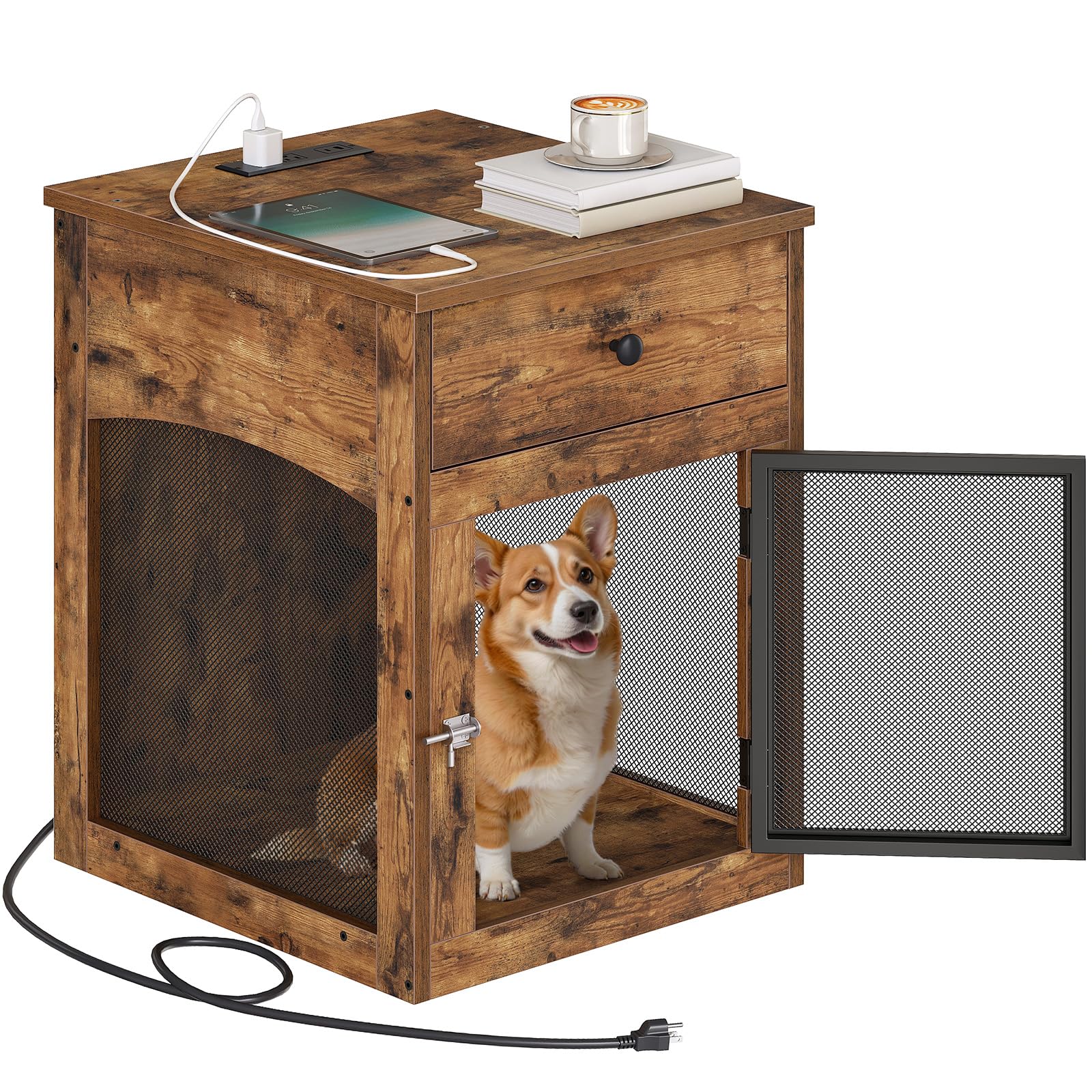 Dog Crate Furniture with Charging Station and Drawer