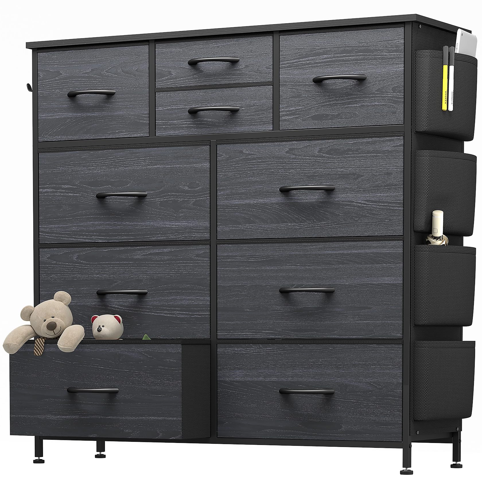 Dresser for Bedroom with 10 Drawers, Chest of Drawers with Side Pockets, Hooks