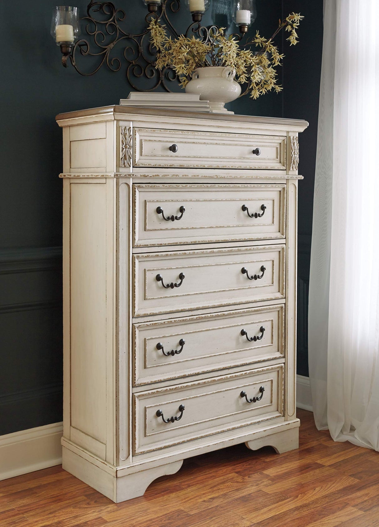 Realyn French Country Two Tone 5 Drawer Chest of Drawers, Chipped White