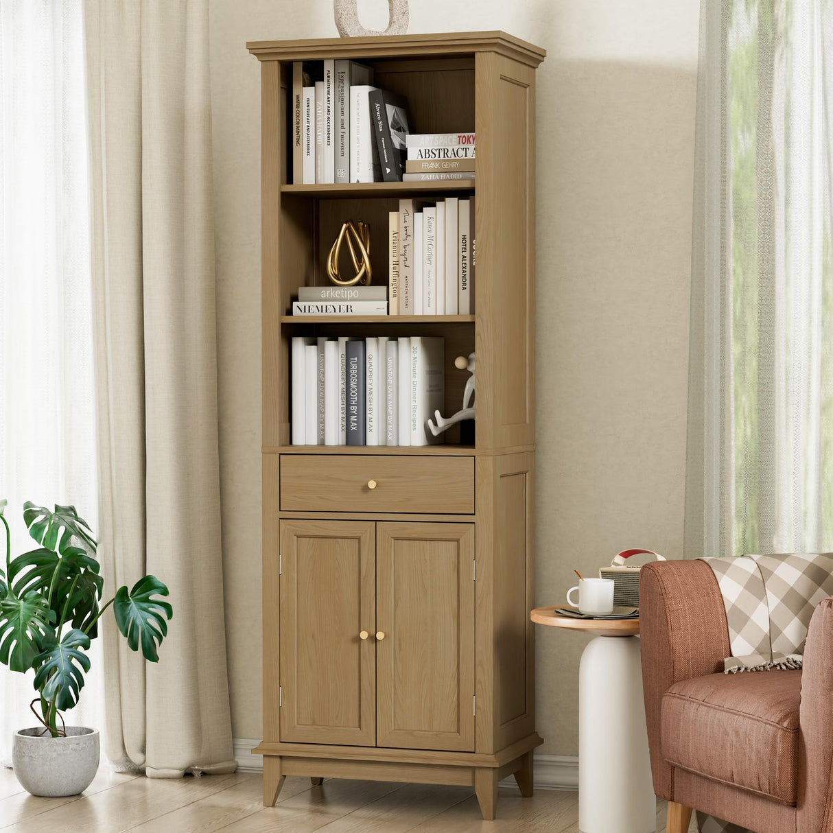 Bookcases with 2 Doors and 1 Drawer, Floor Standing Display Storage with 1 Adjustable