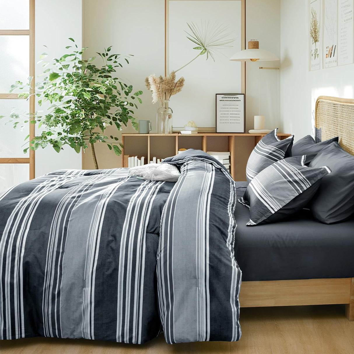 7 Pieces Queen Comforter Set, Striped Bed in A Bag, Charcoal Grey Stripe Comforter