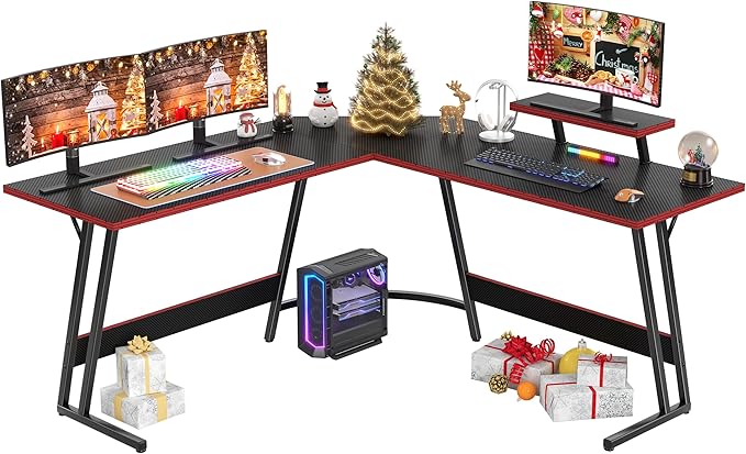 Gaming Desk 44 Inch Z Shaped Carbon Fiber Surface Desktop Computer Table with Cup Holder & Headphone Hook, Black