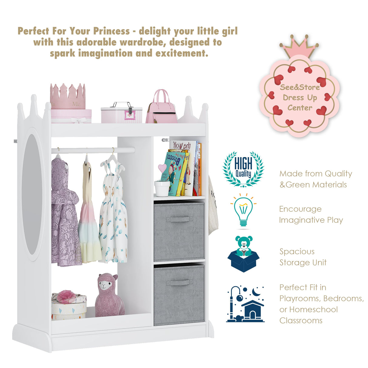 Kids Play Armoire with Mirror, Storage Bins and Closet for Dress Up and Costumes