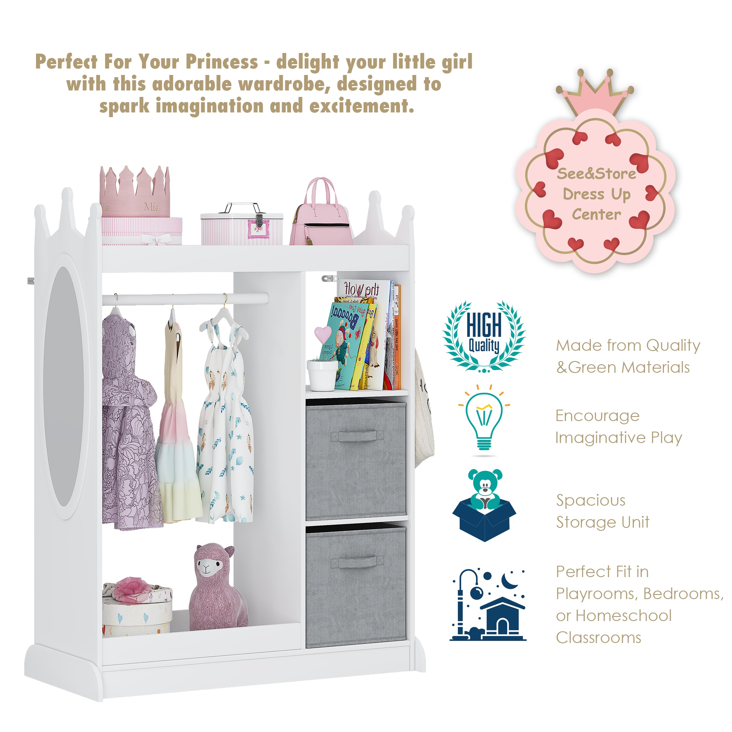 Kids Play Armoire with Mirror, Storage Bins and Closet for Dress Up and Costumes