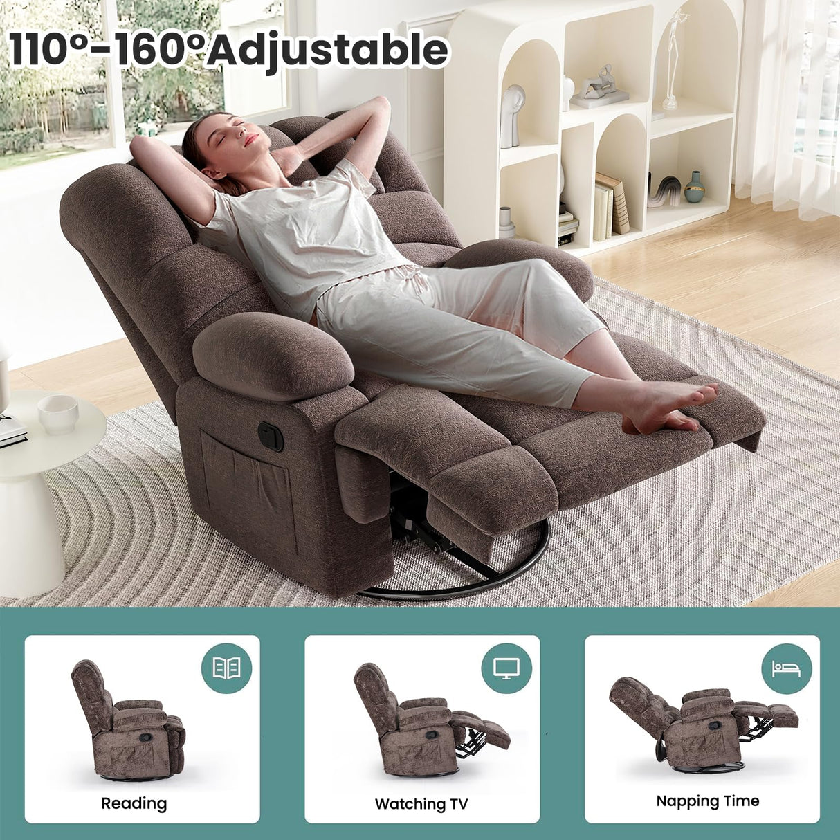 Oversized Swivel Rocker Recliner Chair for Living Room Bedroom for Adults, Brown