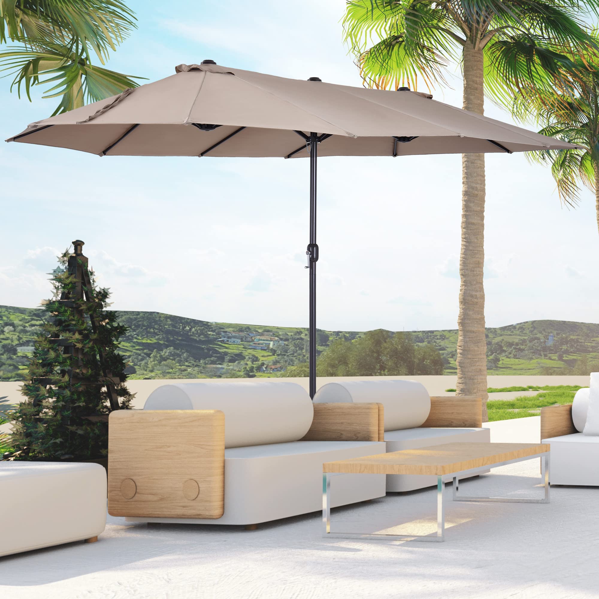 Extra Large 15ft Patio Umbrella, Double-Sided Outdoor Umbrella with Crank Handle and Air Vents for Backyard