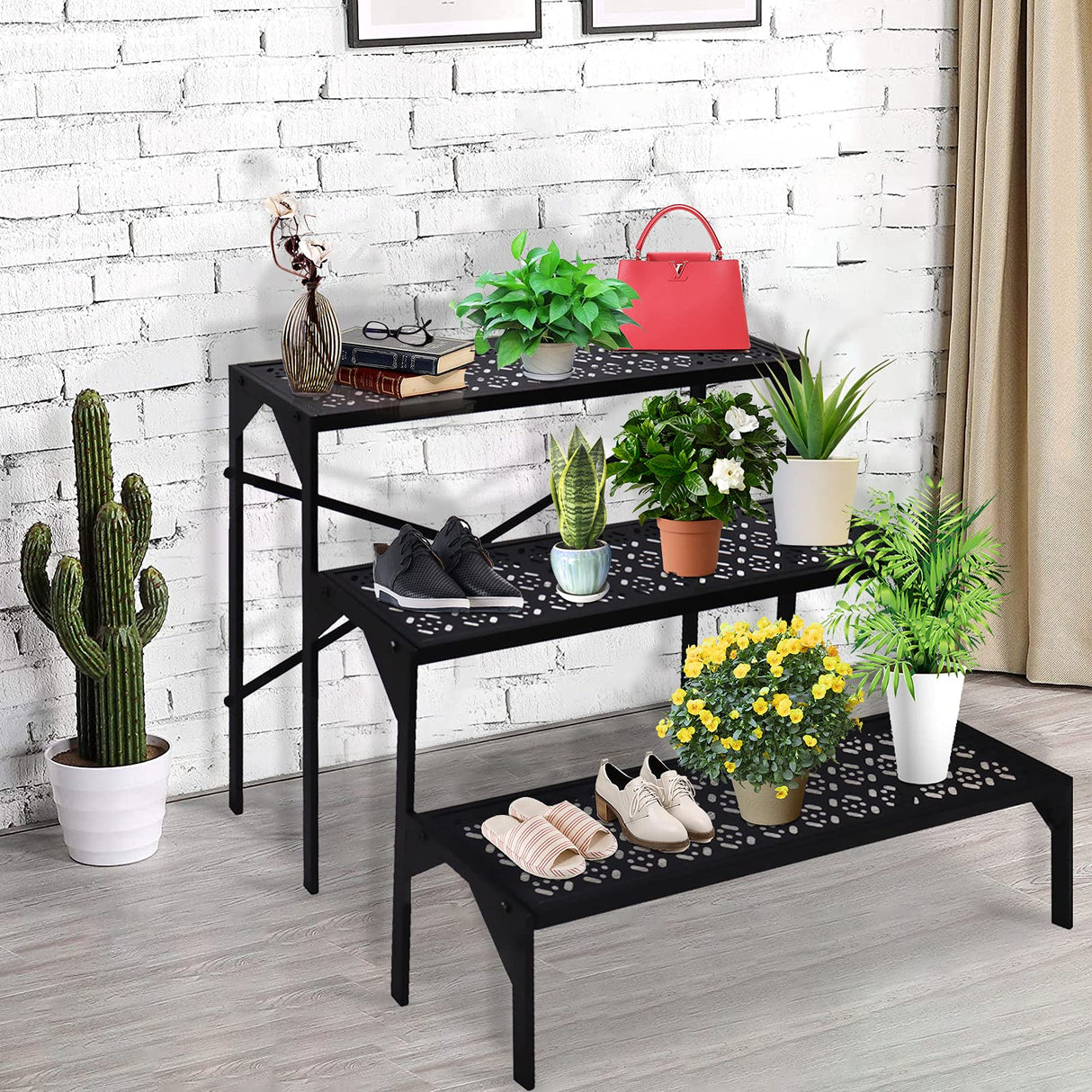 aboxoo 3 Tiers Metal Plant Stand, Ladder Flower Pots Holders, Step Display Rack, Heavy Duty Utility Storage Organizer Rack for Home Garden Patio Balcony, Stair Style Stand