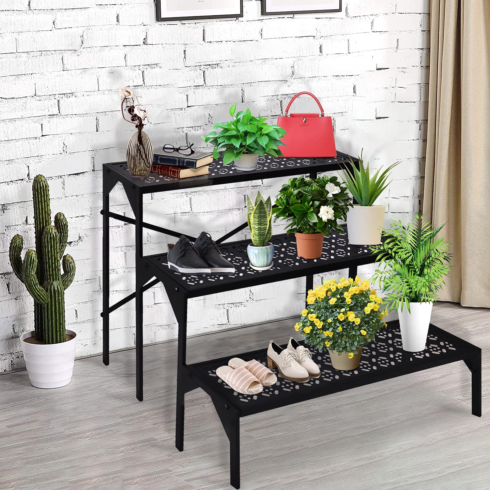 aboxoo 3 Tiers Metal Plant Stand, Ladder Flower Pots Holders, Step Display Rack, Heavy Duty Utility Storage Organizer Rack for Home Garden Patio Balcony, Stair Style Stand