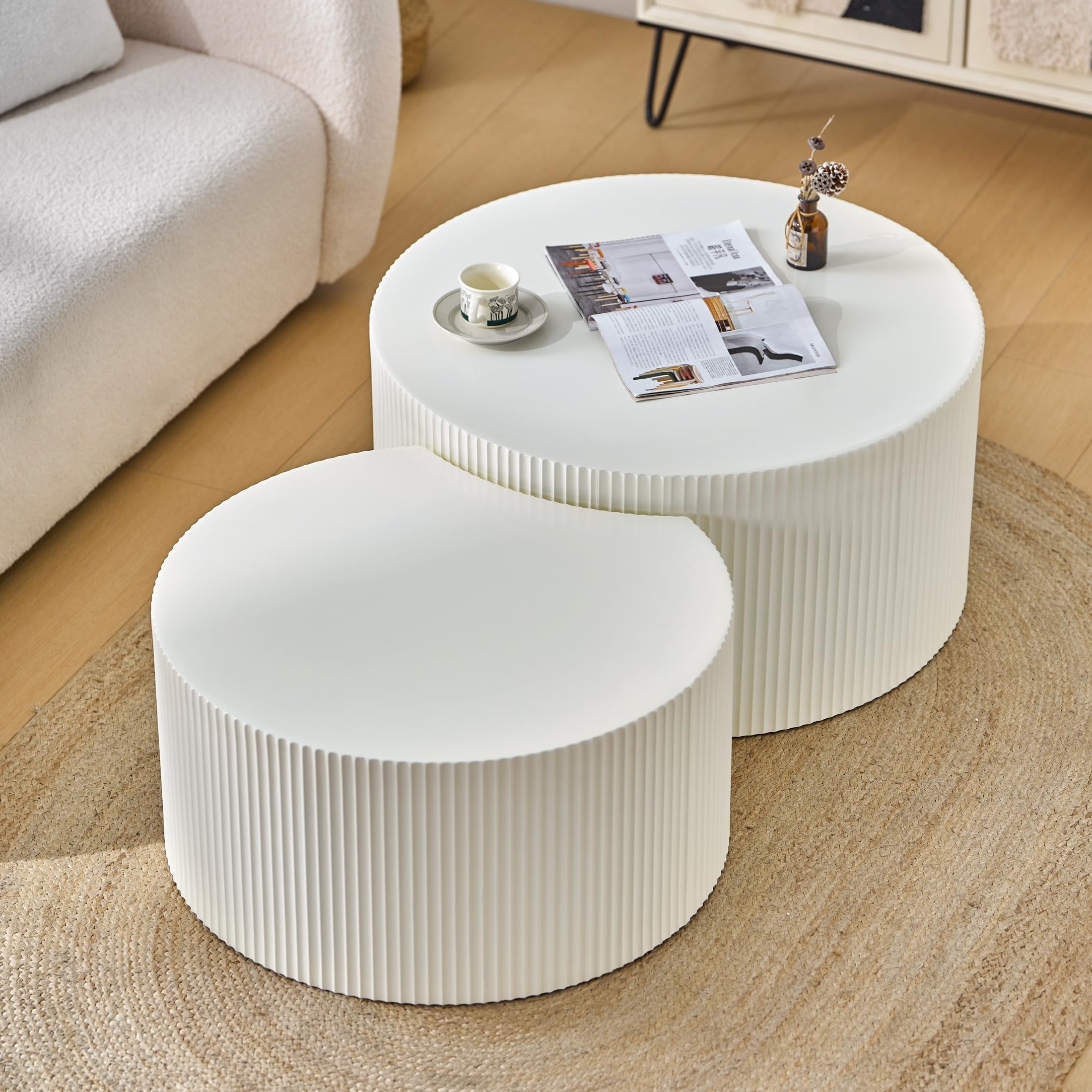 Nesting Coffee Table Set of 2, Vertical Stripe Design Drum Coffee Table, End Table