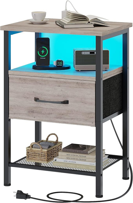 Night Stand Set 2, End Table with Charging Station, LED Bedside Table