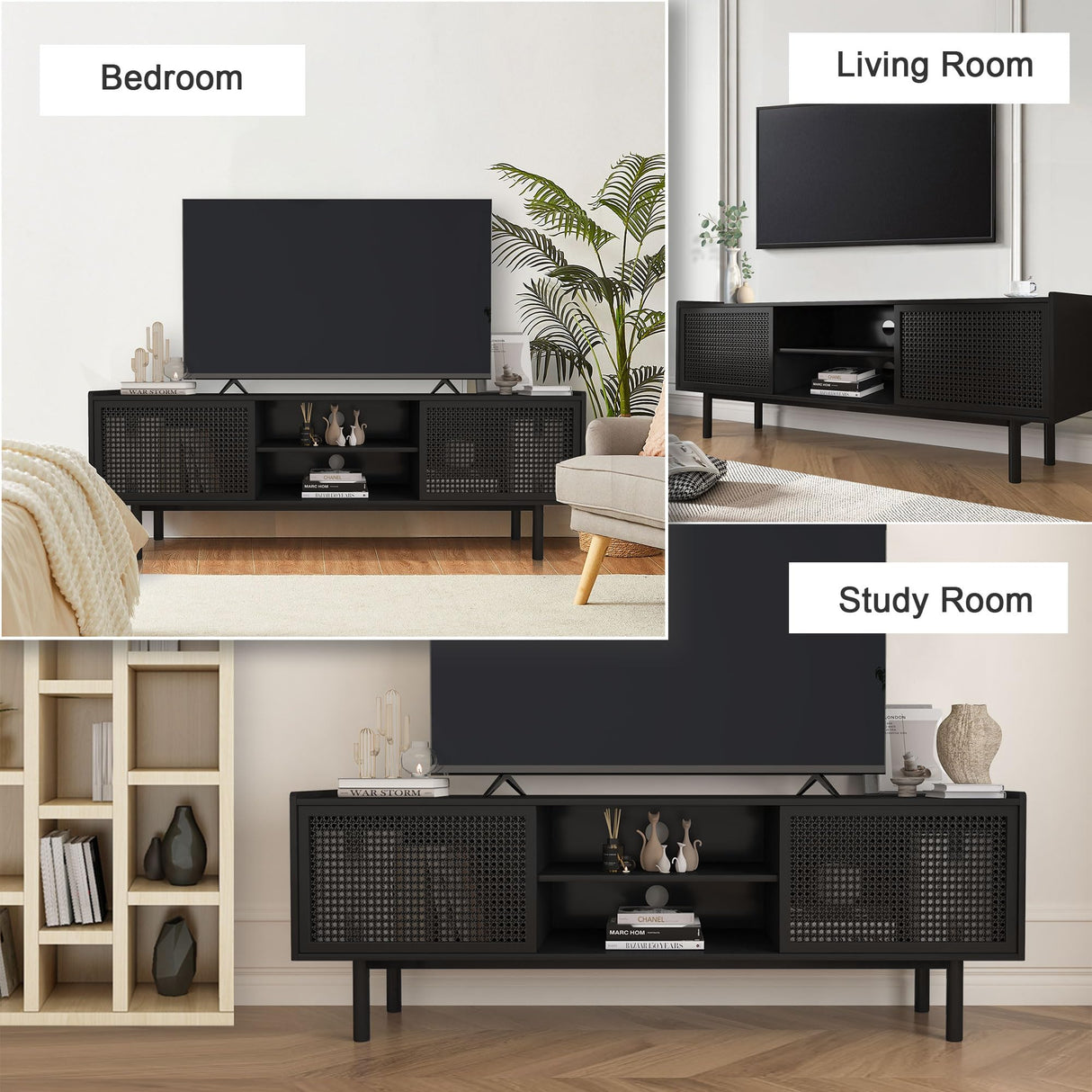 TV Stand for TVs Up to 70 Inch, Accent Iron Rattan Storage Cabinet Television