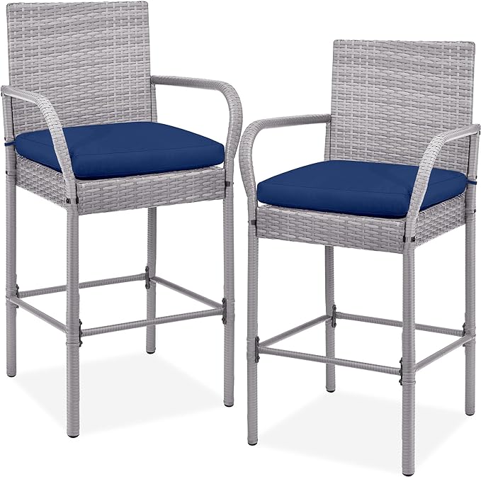 Set of 2 Wicker Bar Stools, Indoor Outdoor Bar Height Chairs w/Cushion, Footrests, Armrests for Backyard, Patio, Pool, Garden, Deck - Gray