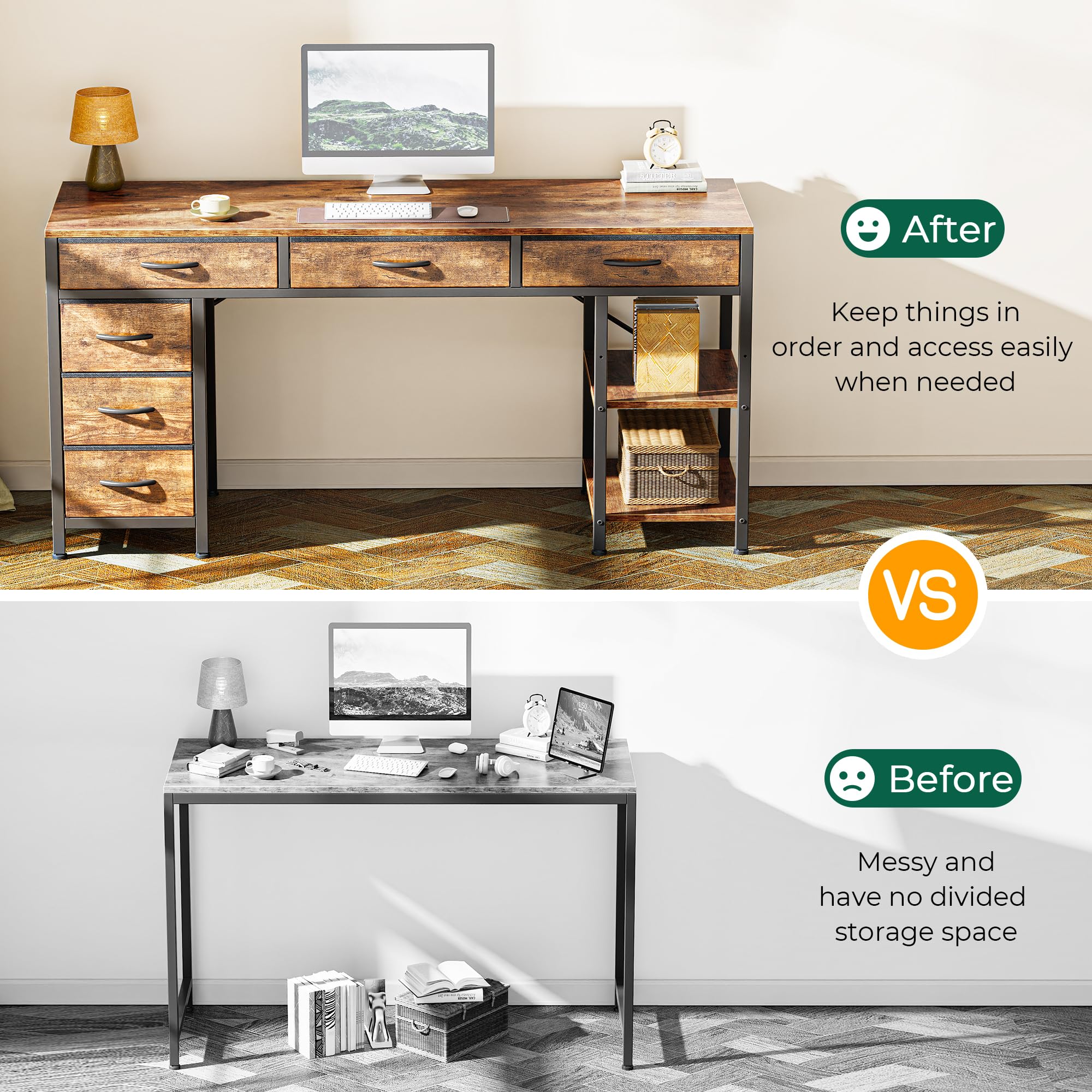Huuger Computer Desk with 6 Drawers, 54 Inch Office Desk with Shelves, Reversible Gaming Desk, Corner Desk with Storage, Work Desk for Home Office, Study, Living Room, Rustic Brown
