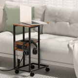 C Shaped End Table, Side Table with Charging Station, Nightstand, Sofa Table