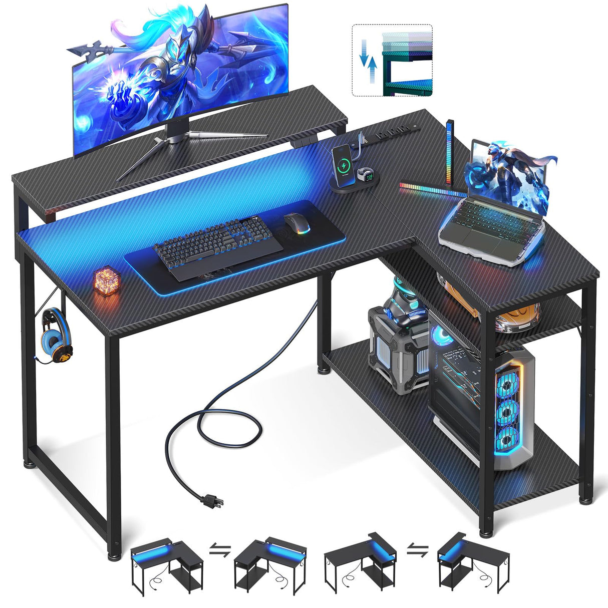 Shaped Gaming Desk with Power Outlet, Reversible Gaming Desk with Height Adjustable