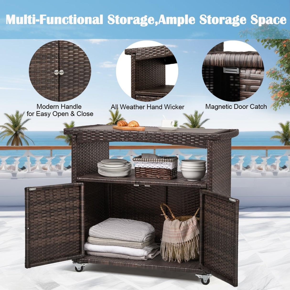 Storage Cabinet Patio Wicker Sideboard Buffet Cabinet Prep Table Outside Kitchen Serving