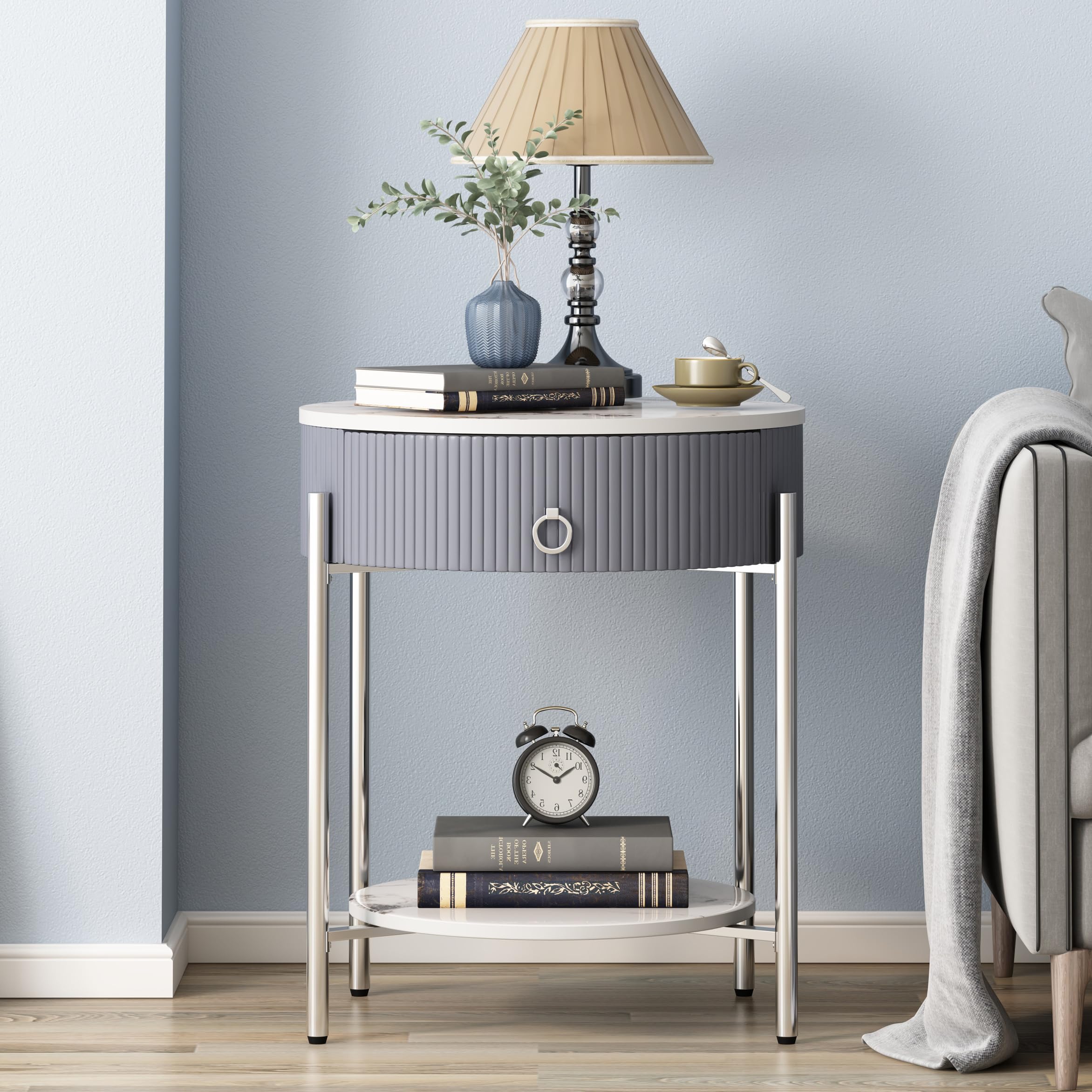 Round Side Table with Drawer, Modern Nightstand with Shelf and Chrome