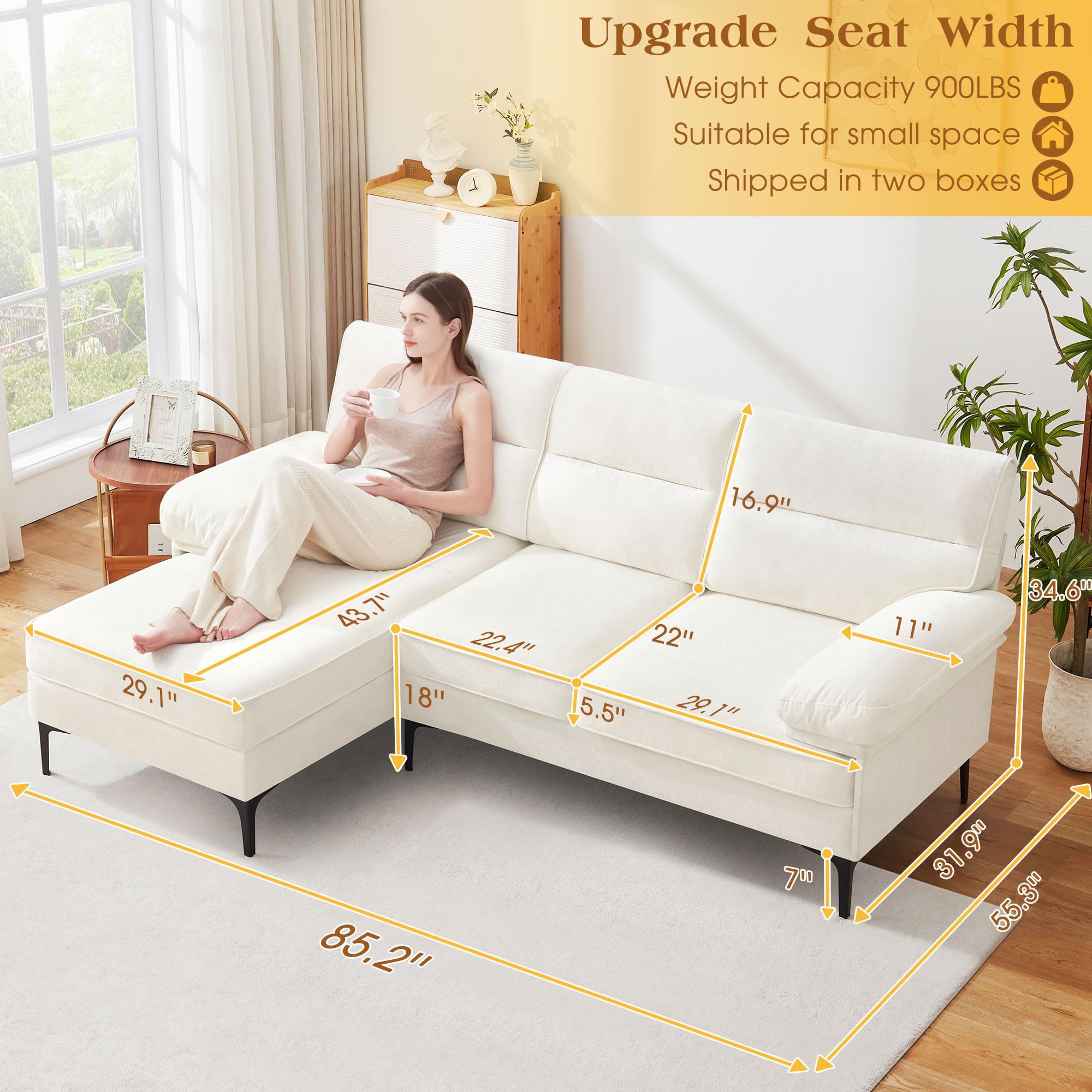 85”Sectional Couch for Living Room, Convertible L Shape Couch 3 Seat Comfy Sofa