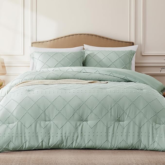 Boho Queen Comforter Set - White Tufted Chic Bedding Comforter Set