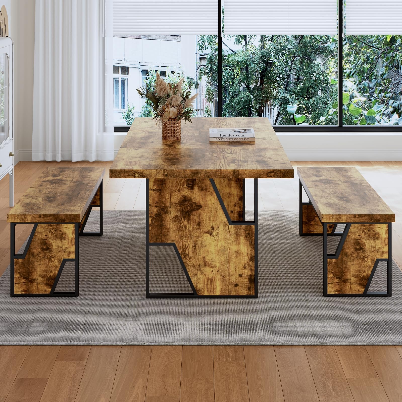 70.8" Wooden Dining Table Set with 2 Benches