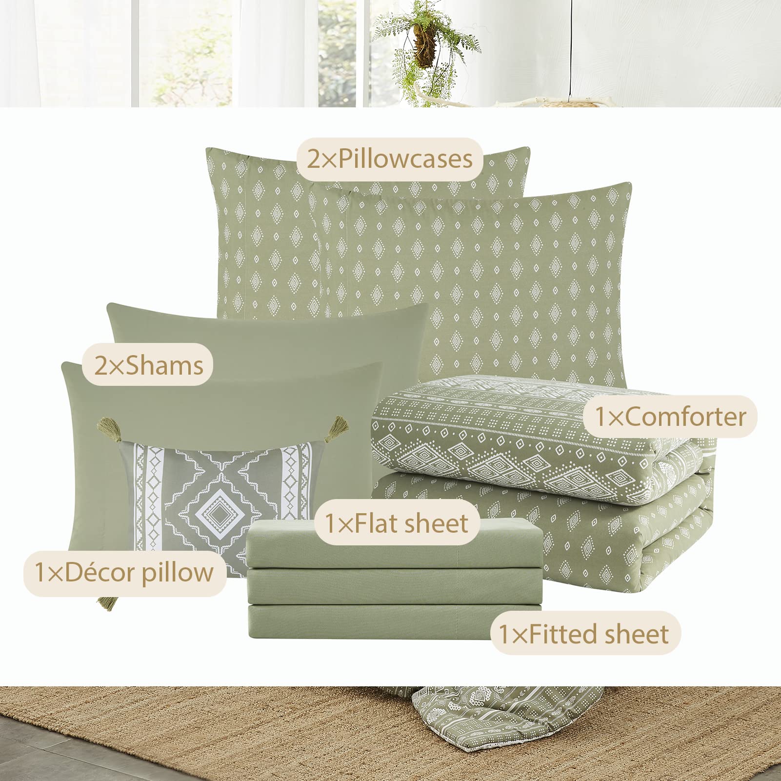 Geniospin Olive Green Queen Comforter Set 8 Piece, Reversible Boho Comforters Queen, All Season Comfortable Bedding Set