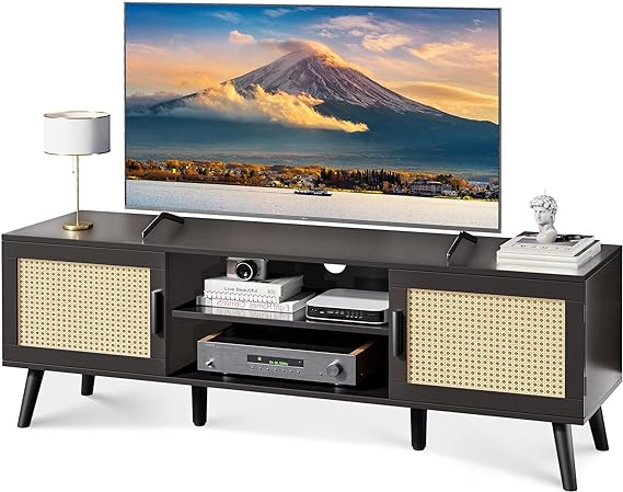 Boho TV Stand for 55 Inch TV, Entertainment Center with Adjustable Shelf, Rattan TV Console