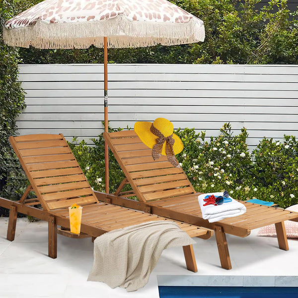 Wooden Chaise Lounge Set of 2, 2 PCS Patio Chaise Lounge Chairs with Cup Holder & Tray