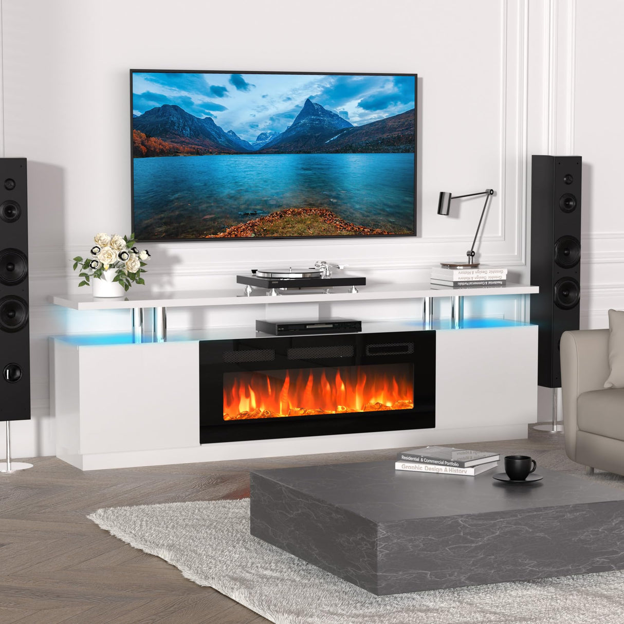 70 Inch Fireplace TV Stand with Storage - White Entertainment Center