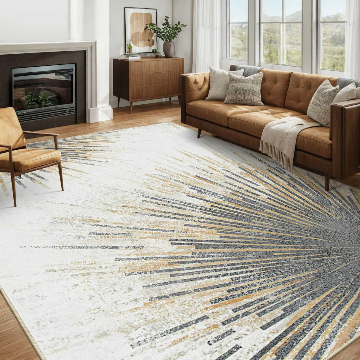 Lahome Modern Washable Area Rugs 8x10 - Ultra-Thin Non-Slip Soft Living Room Rug Bedroom Rugs Throw Large Rug for Dining Room Table, Abstract Print Floor Carpet Rug for Office (Gold/Gray, 8'x10')