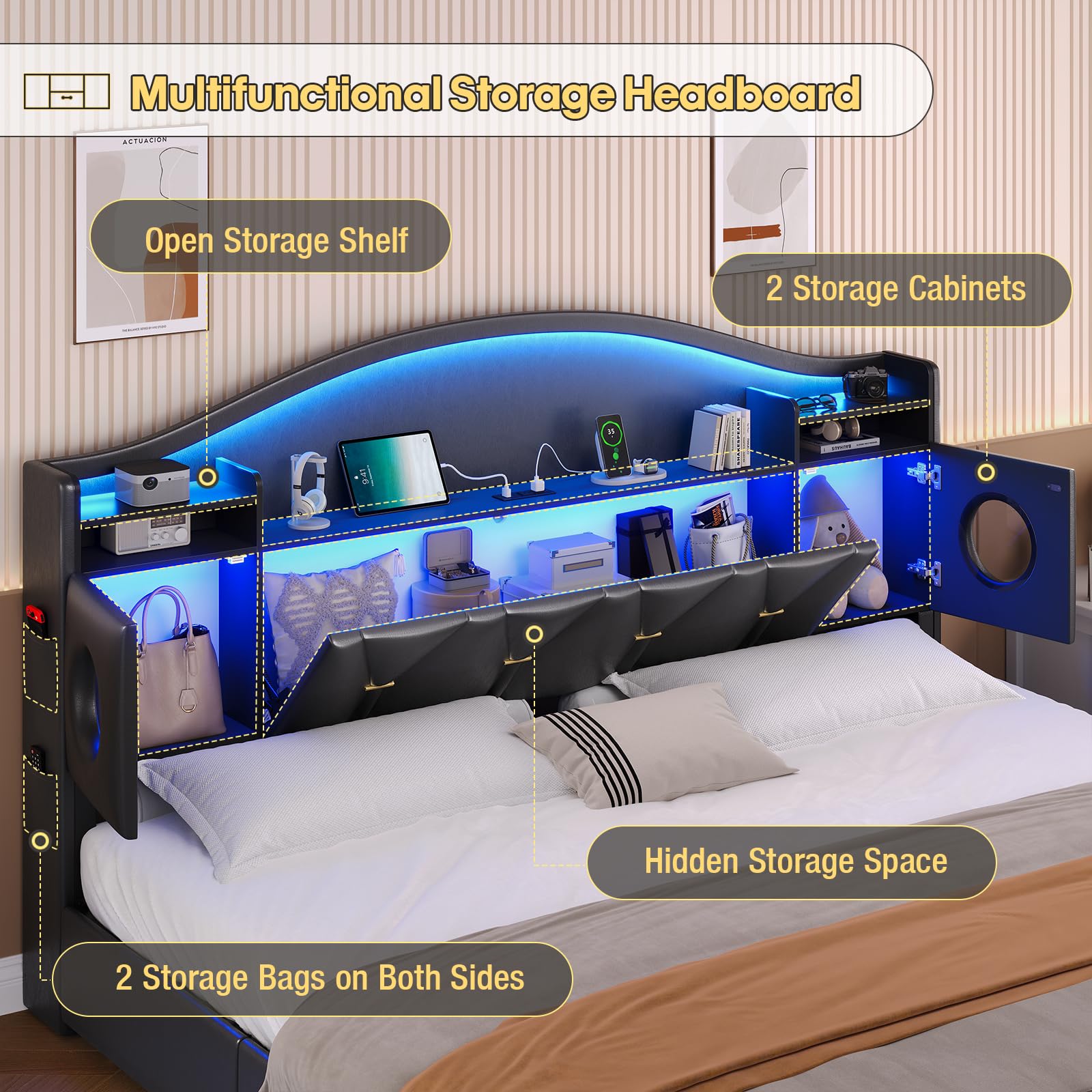 King Size Bed Frame with 6 Storage Drawers and LED Headboard