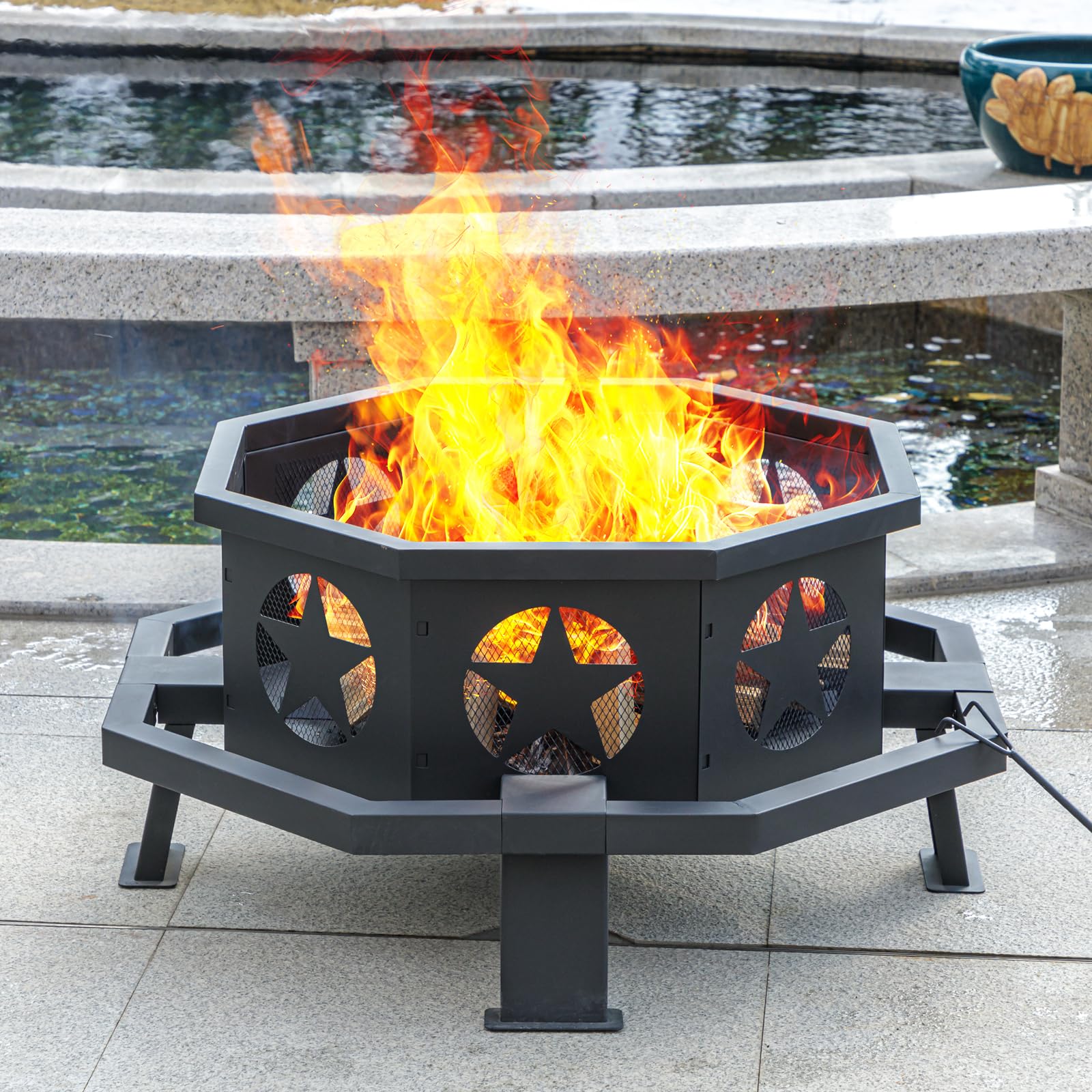 Panovue 32 inch Fire Pit for Outside, Heavy Duty Wood Burning Fire Pits with Fire Poker, Outdoor Octagonal Firepit for Camping, Yard, Patio - Bircata