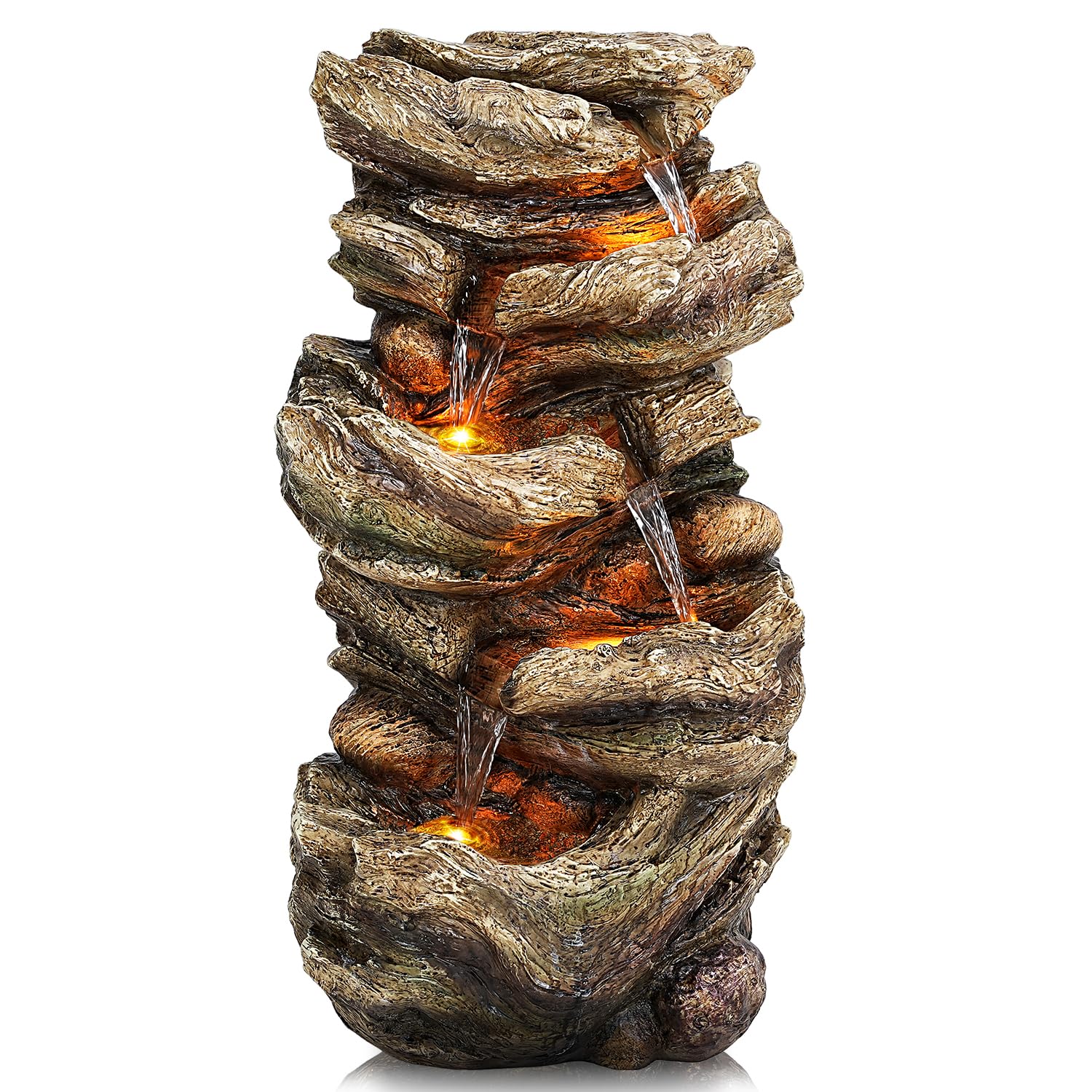 32" High 5-Tier Outdoor Water Fountain with LED Lights, Natural Wooden Look