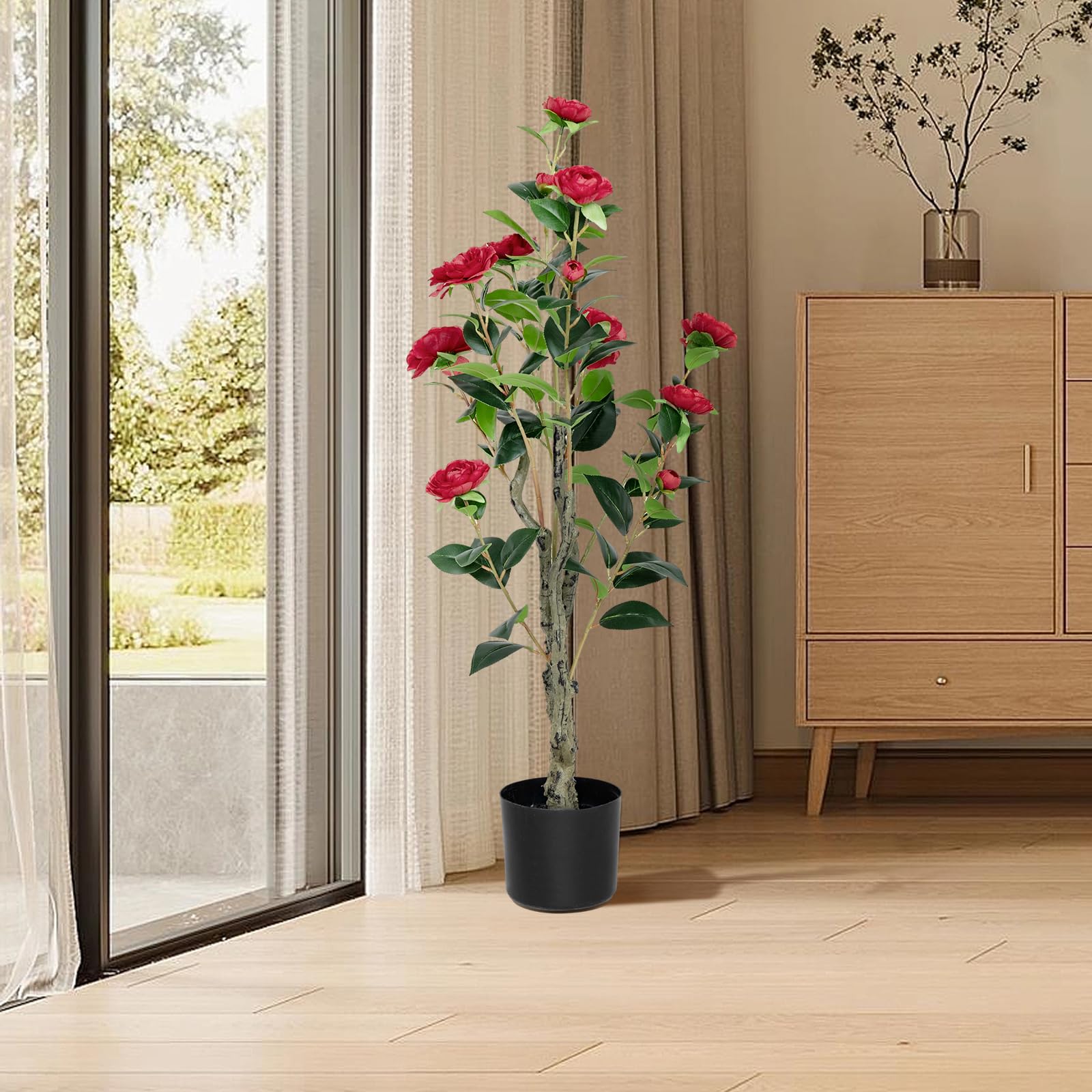 2Pack Artificial Camellia Tree 3FT, Red Faux Camellia Plant Fake Potted Camellia Flower