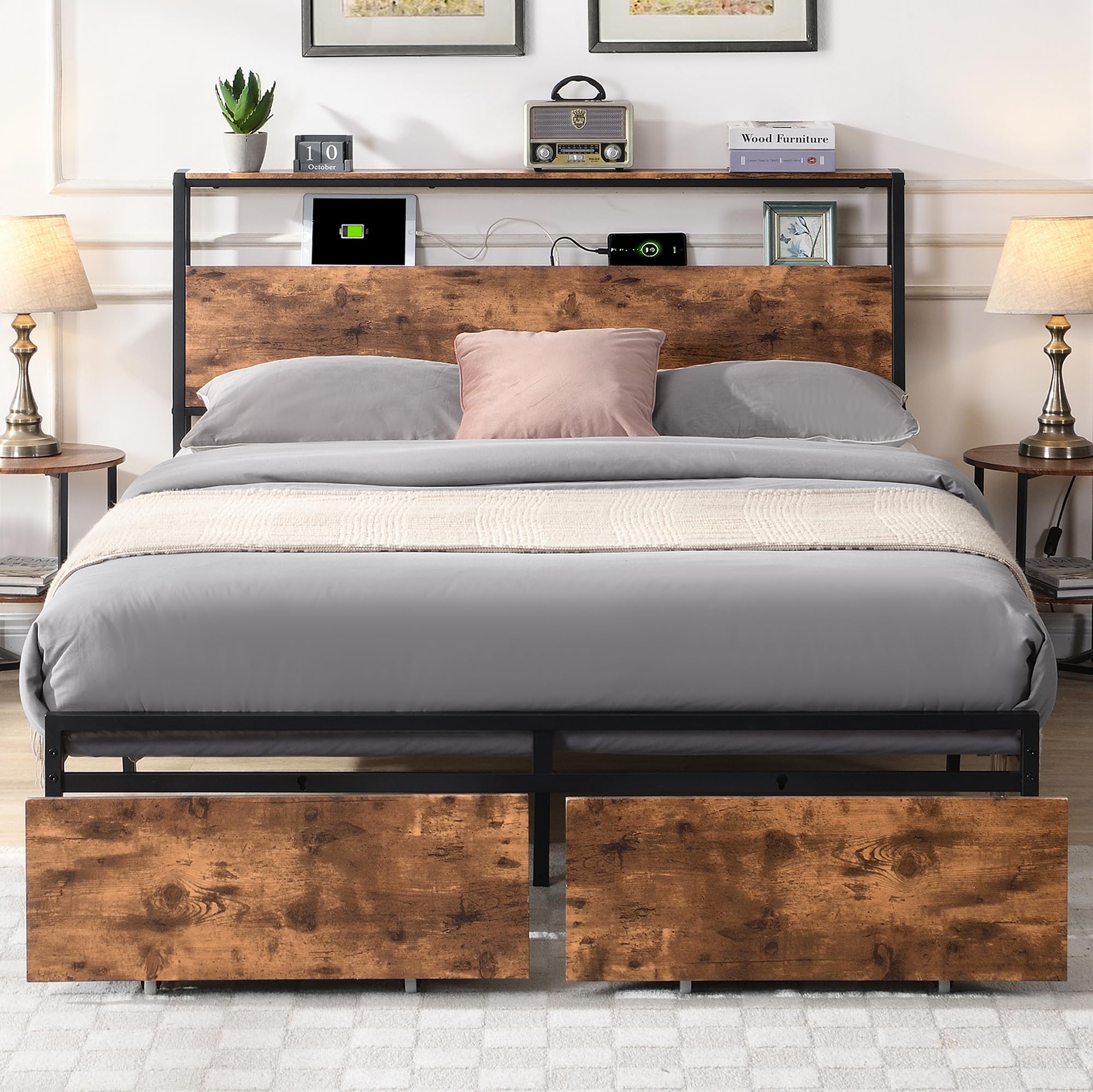 Queen Size Bed Frame with Ergonomic Headboard, Platform Bed Frames Queen