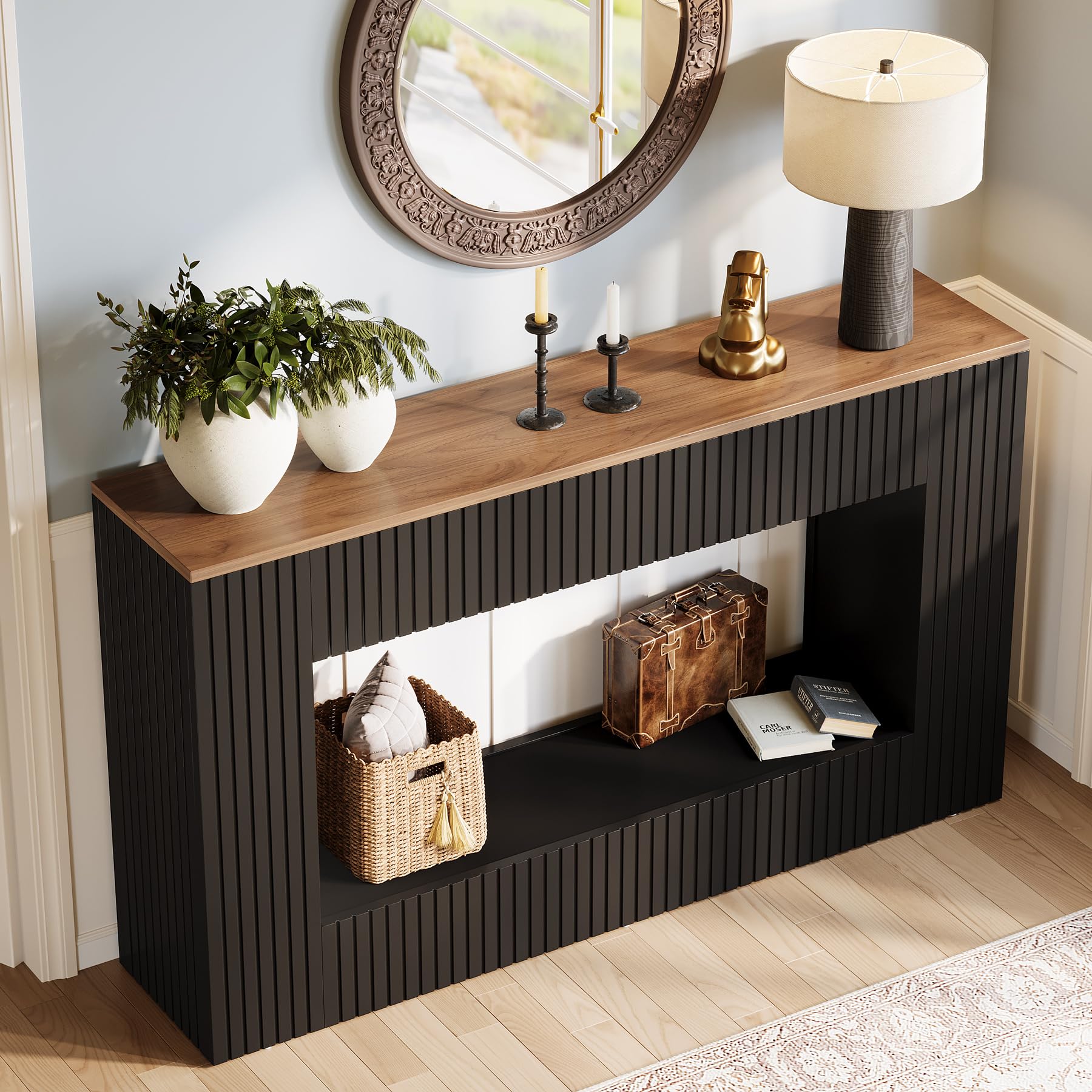 55" Modern Console Table with 2-Tier Storage - Black