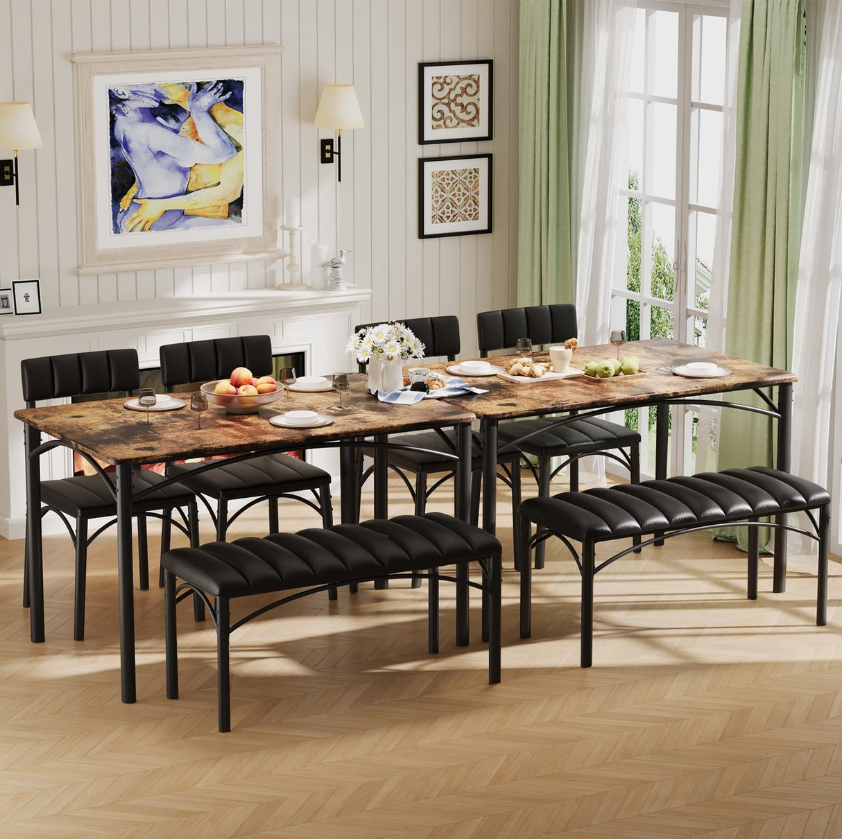 Kitchen Table Set for 4-6, 43" Home Kitchen Table with 2 Chairs and Bench, PU Backrest