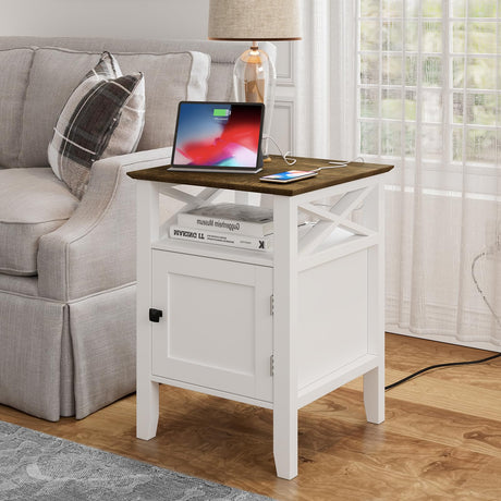 Night stand with Charging Station, Bedside Table 17.8" L x 17.8" W x 23.62" H White