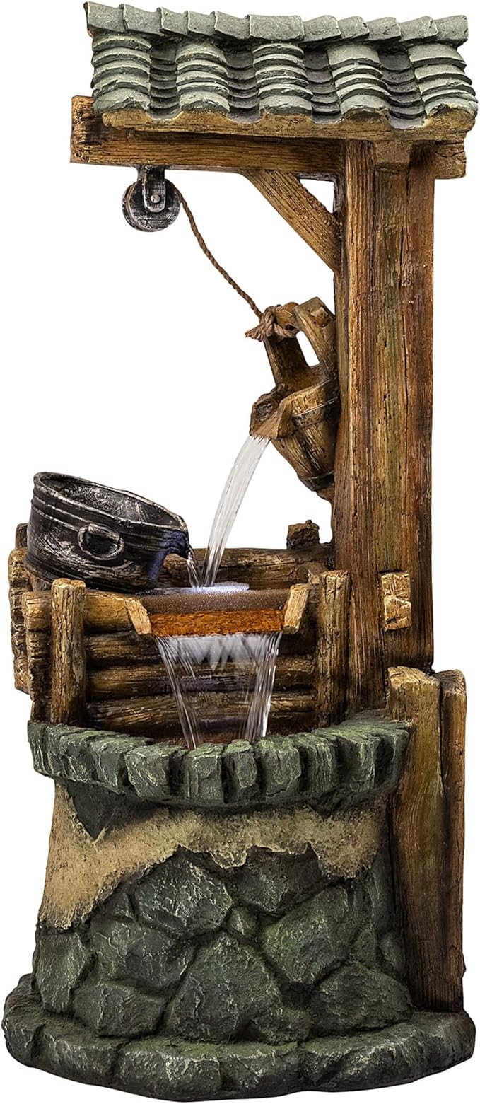 Water Well Fountain with LED Lights – Serene Outdoor Waterfall Water Feature for Garden