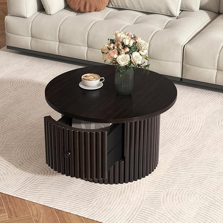 Modern Round Small Coffee Table with 3 Drawers, Farmhouse Wood Center Table