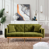 Velvet Futon Sofa Bed, Upholstered Loveseat Sleeper Couch with 3 Reclining Angles and 2 Pillows, Modern Living Room Sofa Couch with 5 Solid Metal Legs for Guest Room, Office, Mint Green