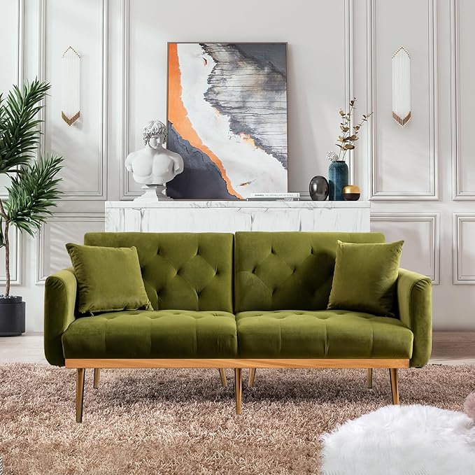 Convertible Velvet Futon Sofa Bed, Upholstered Loveseat Sleeper Couch with 3 Reclining Angles and 2 Pillows