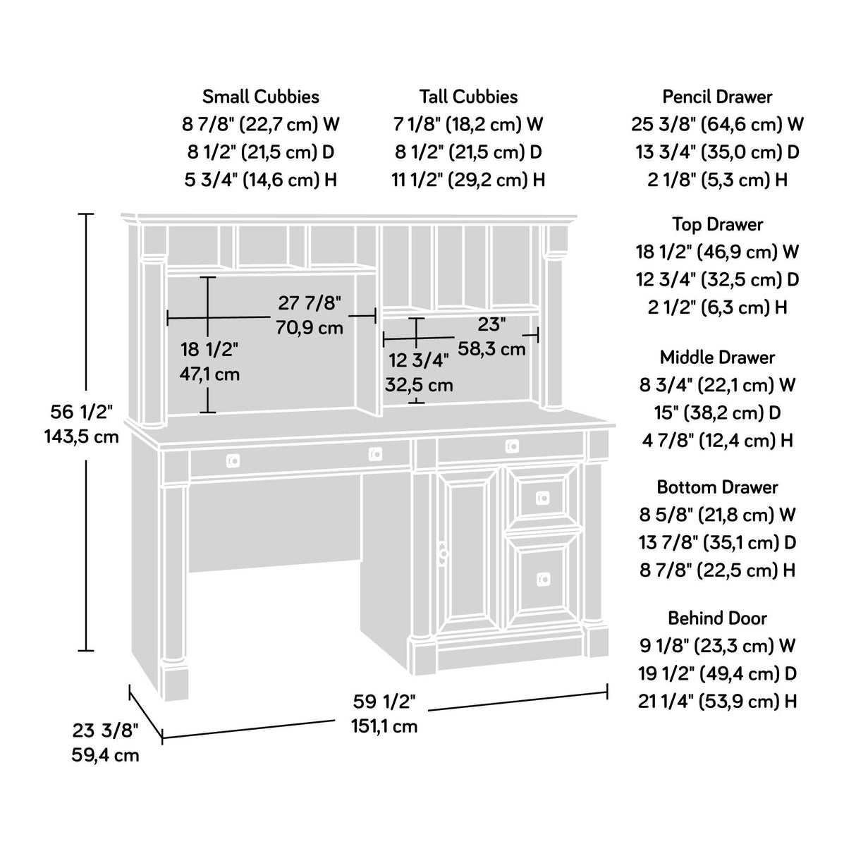 Palladia Desk with Hutch, L: 59.49" x W: 23.54" x H: 56.5", Vintage Oak Finish