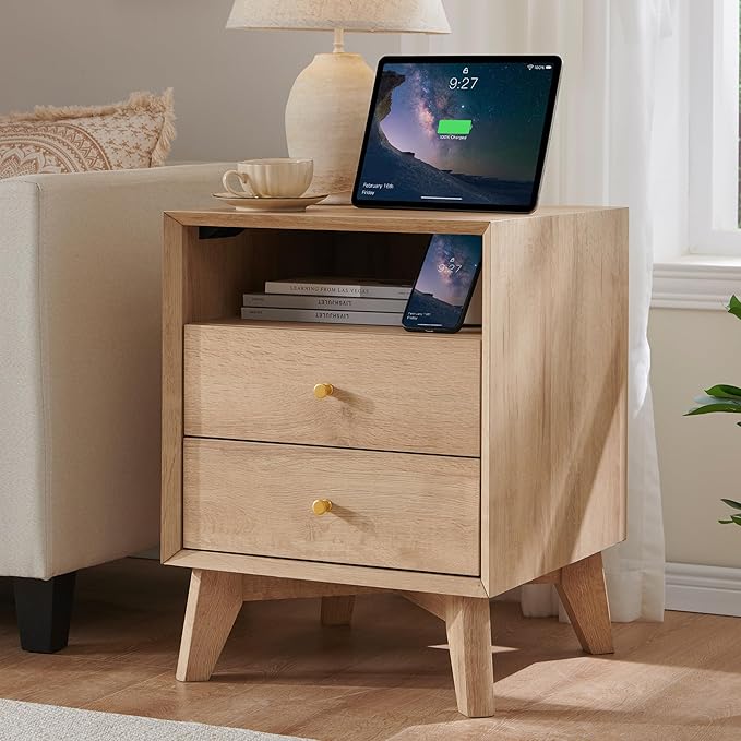 Nightstand with Charging Station, Modern End Table, Bedside Table with 2 Drawers, Mid