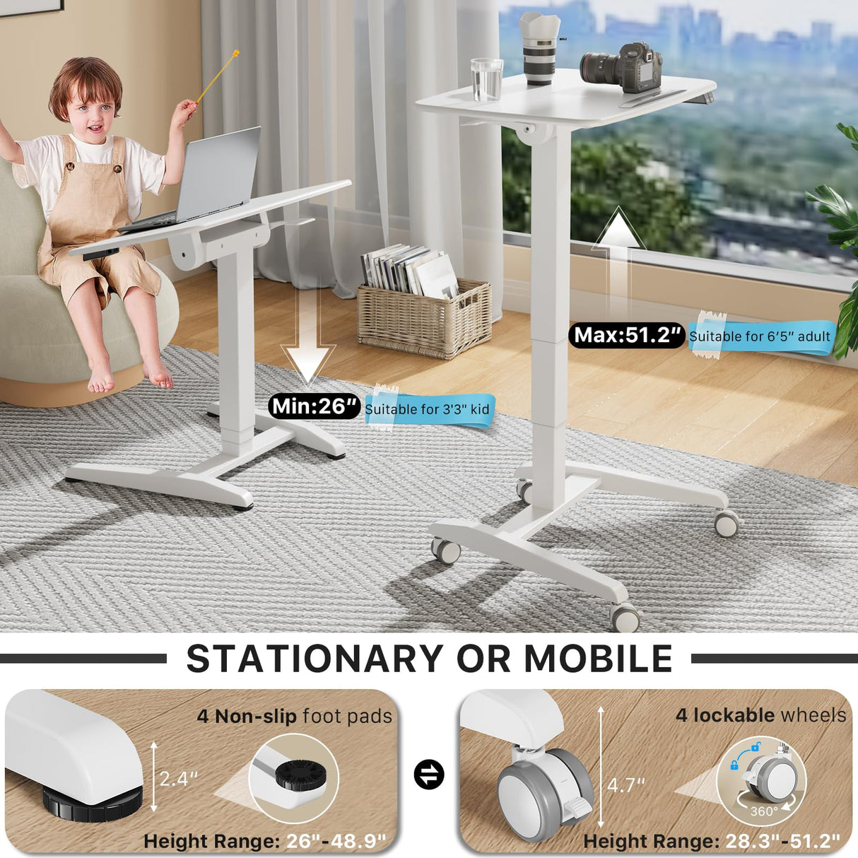 JYLH JOYSEEKER Electric Mobile Standing Desk, 28.3" to 51.2" Height Adjustment Rolling Sit Stand Desk with 90° Tiltable Desktop and 4 Lockable Wheels, Portable Laptop Desk for The Extra Tall/Kid