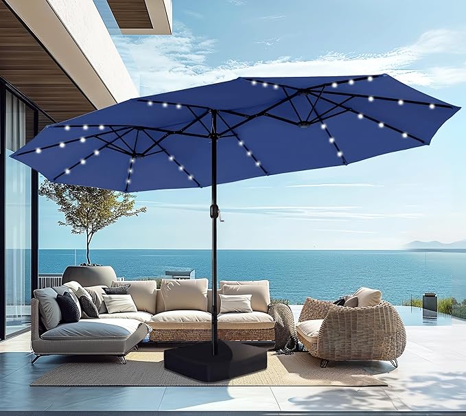 15ft Large Patio Umbrella with Base & Solar Lights, Double-Sided Outdoor Rectangle Umbrellas